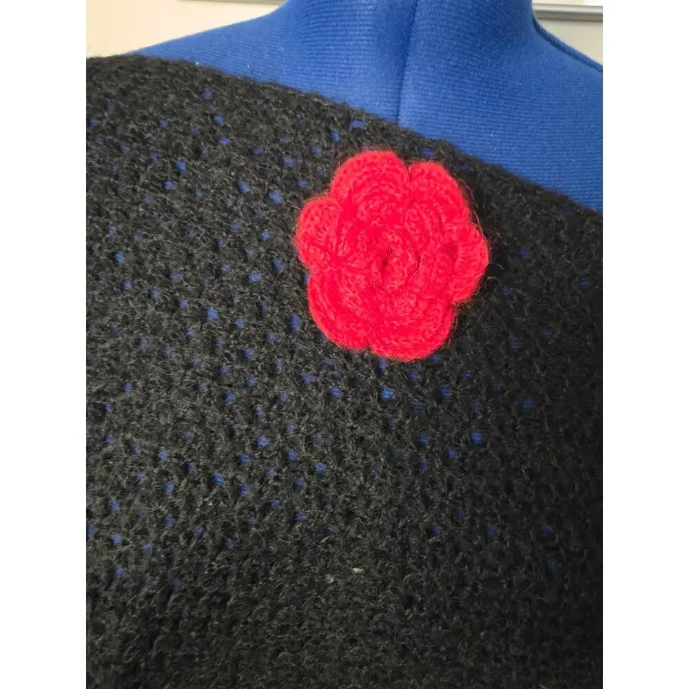 Mohair Blend Black Fringe Poncho Shawl Red Crochet Rose One Size Boho